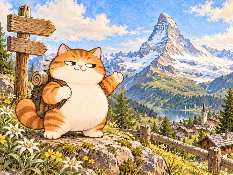 An orange cat looks out over an alpine village and mountain peaks