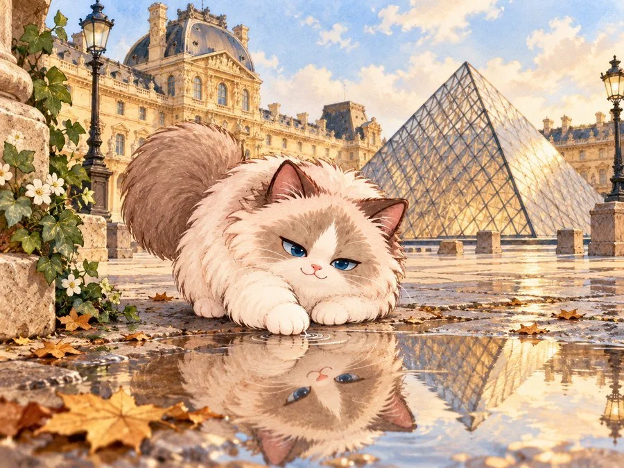 A fluffy cat rests beside the reflecting pool at the Louvre