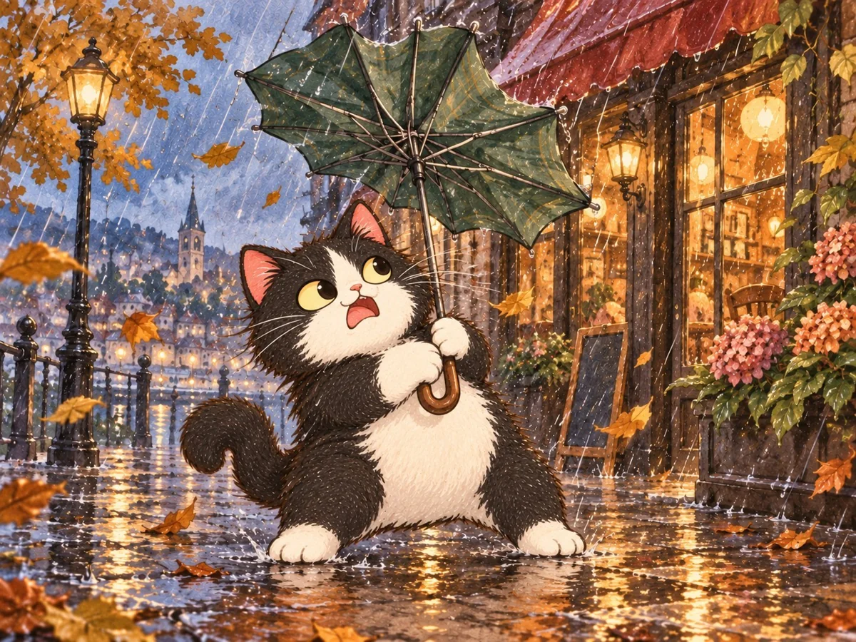 A cat holds an umbrella on a rainy, lantern-lit street