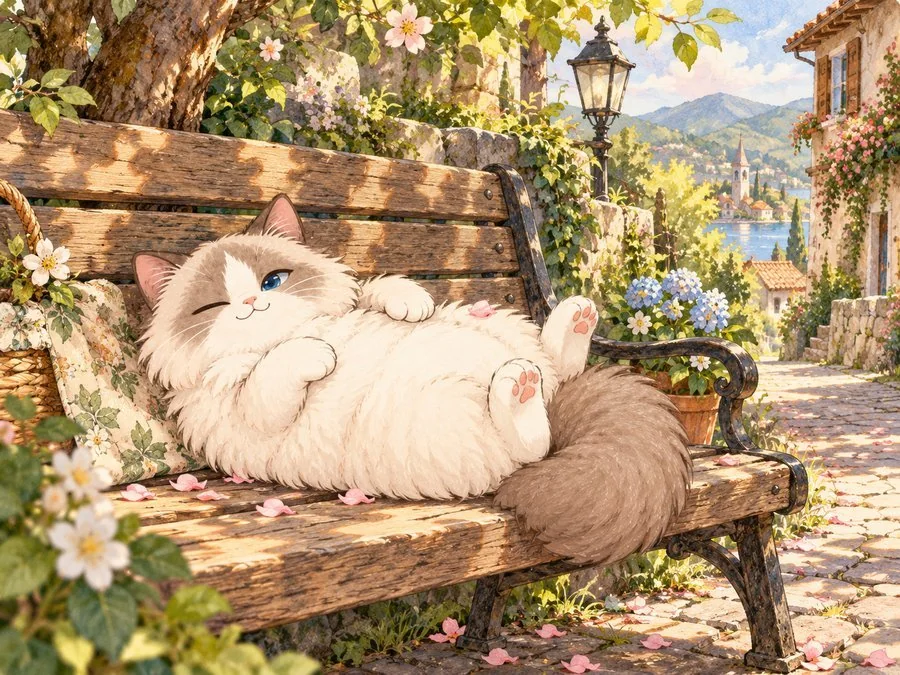 A fluffy cat naps in the warm light of a garden bench