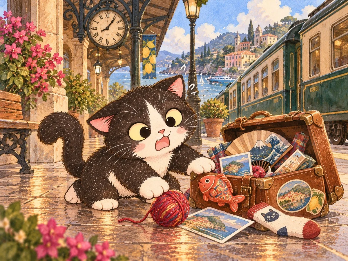 Development artwork: a cat beside a suitcase of souvenirs on a colorful railway platform