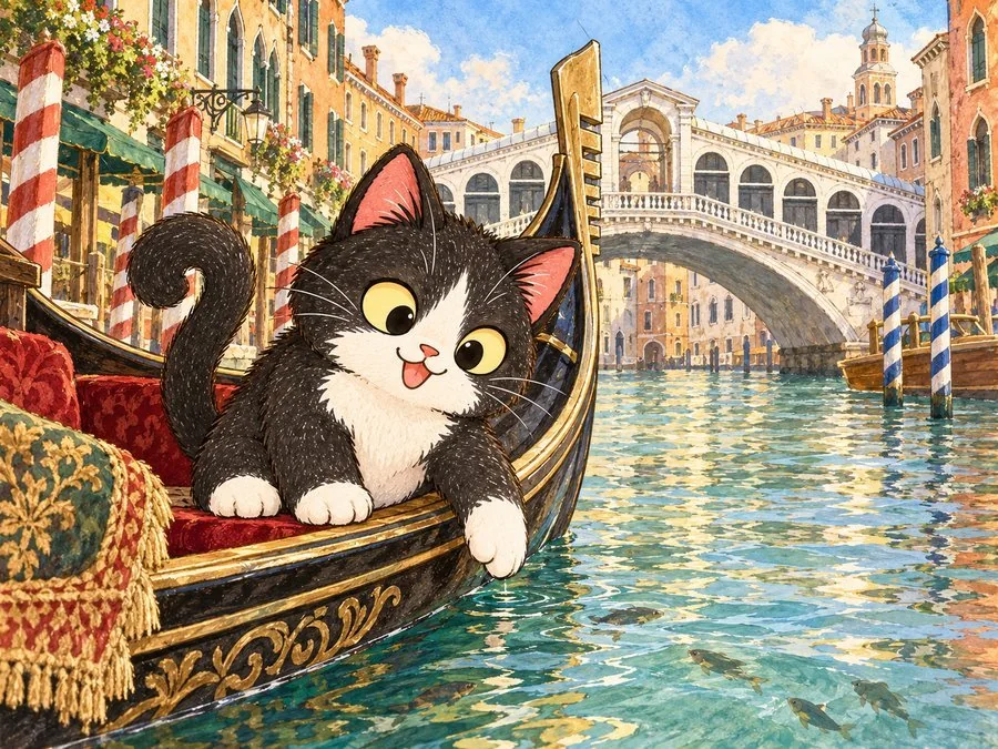 A black and white cat rides a gondola through Venice